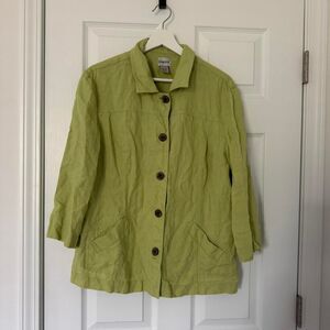Chico's Women Green 100% linen short sleeve button up Shirt blouse L 2 12 summer